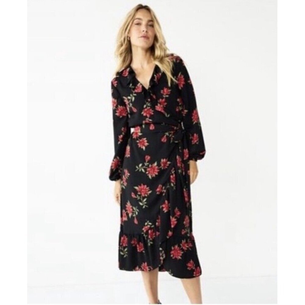 Draper James RSVP Ruffle Midi Wrap Dress Black Red Floral Sz‎ 3X Long Sleeve